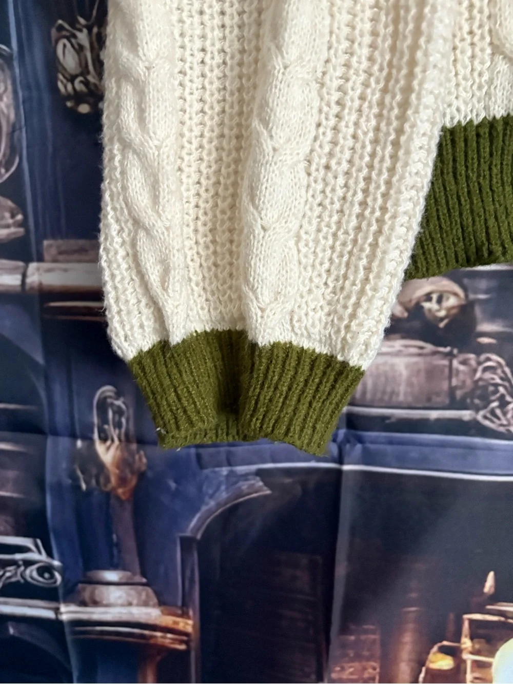 T.S. Evermore Cream Cable Knit Cardigan with Olive Trim - Picture 4 of 7